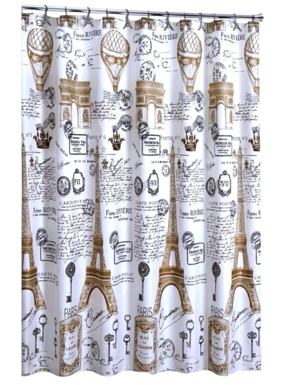 Paris Eiffel Tower Material Fabric Shower Curtain White Gold 70’x 72” NEW